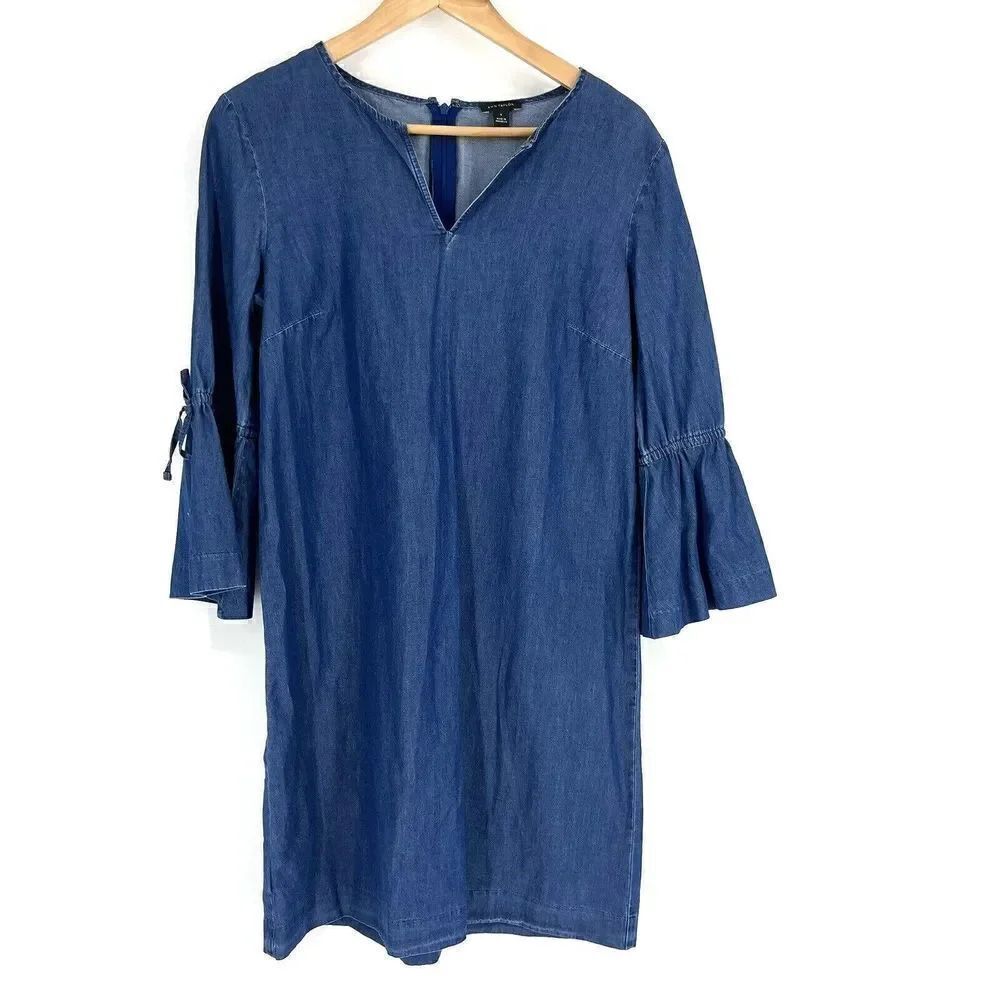 Ann Taylor Dress Size 6 Womens Blue Bell Sleeve Chambray Denim Shift Stretch